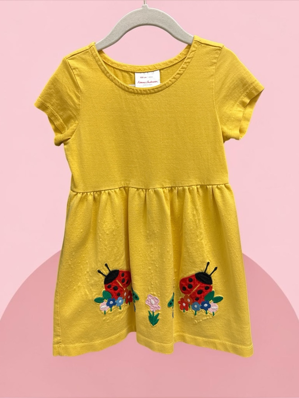 Hanna Andersson Yellow Ladybug Appliqué Art Dress - Size 4 (100cm)